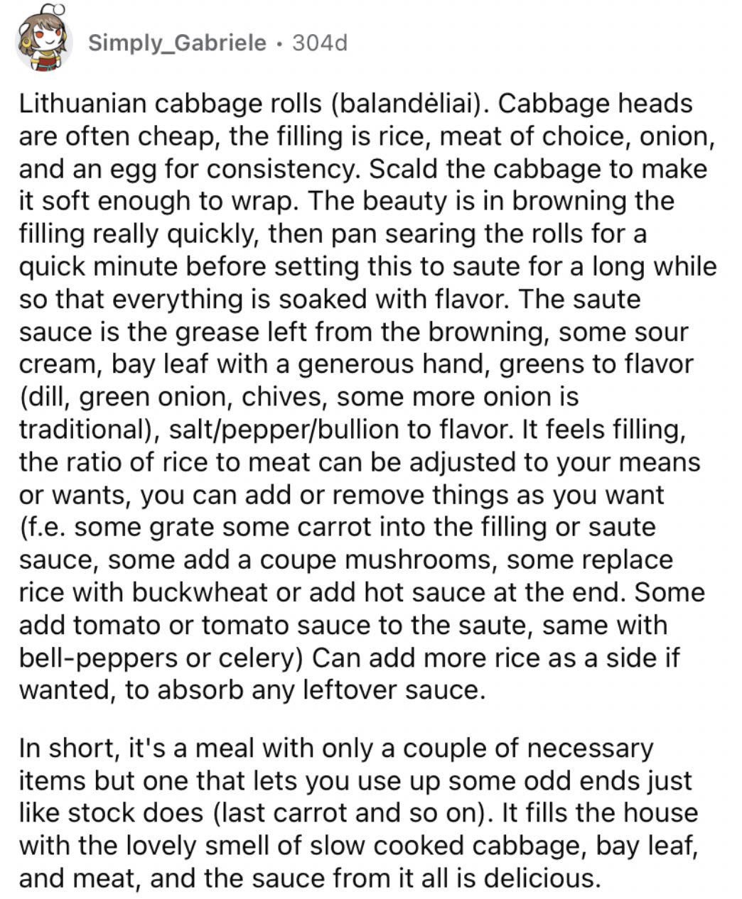 Reddit screenshot about Lithuanian cabbage rolls.
