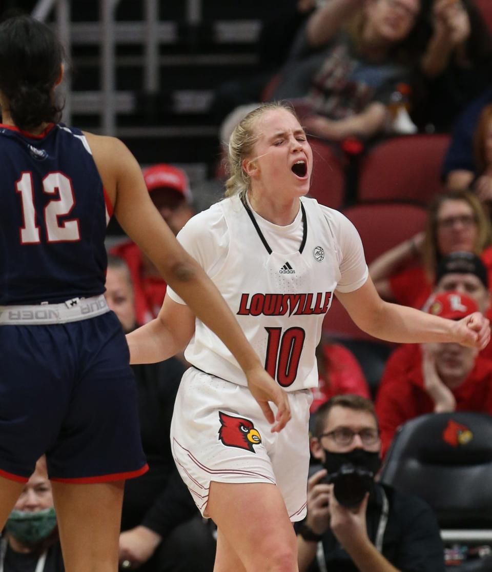 Louisville’s Hailey Van Lith celebrates getting fouled against Belmont.Dec. 5, 2021