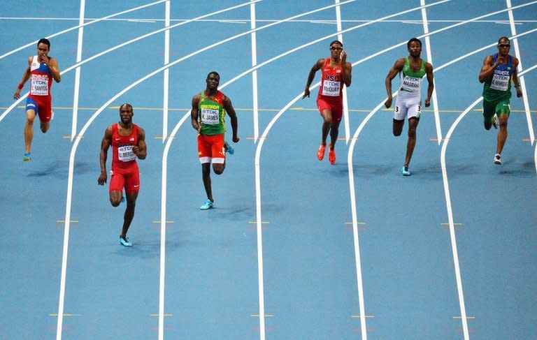 US athlete LaShawn Merritt (2ndL) wins the men's 400 metres final at the 2013 IAAF World Championships at the Luzhniki stadium in Moscow on August 13, 2013