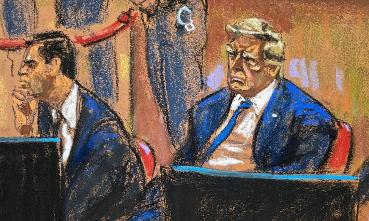 <span>Donald Trump sits beside lawyer Todd Blanche during jury selection, in New York City on 18 April 2024.</span><span>Photograph: Jane Rosenberg/Reuters</span>