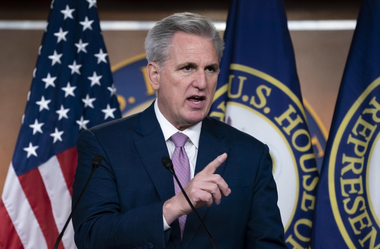 House Minority Leader Kevin McCarthy, R-Calif., speaks to reporters at the Capitol in Washington, March 18, 2022. 