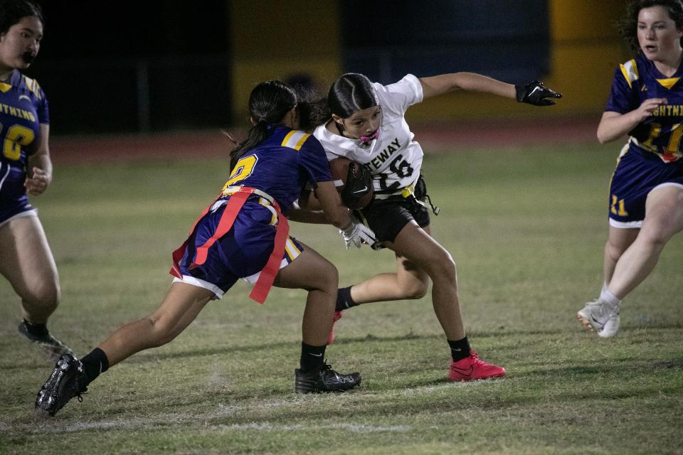 Jenifer Rosa of Gateway runs the ball in a preseason girls flag football jamboree at Lehigh Senior High School on Tuesday, Feb. 13, 2024, in Lehigh Acres.