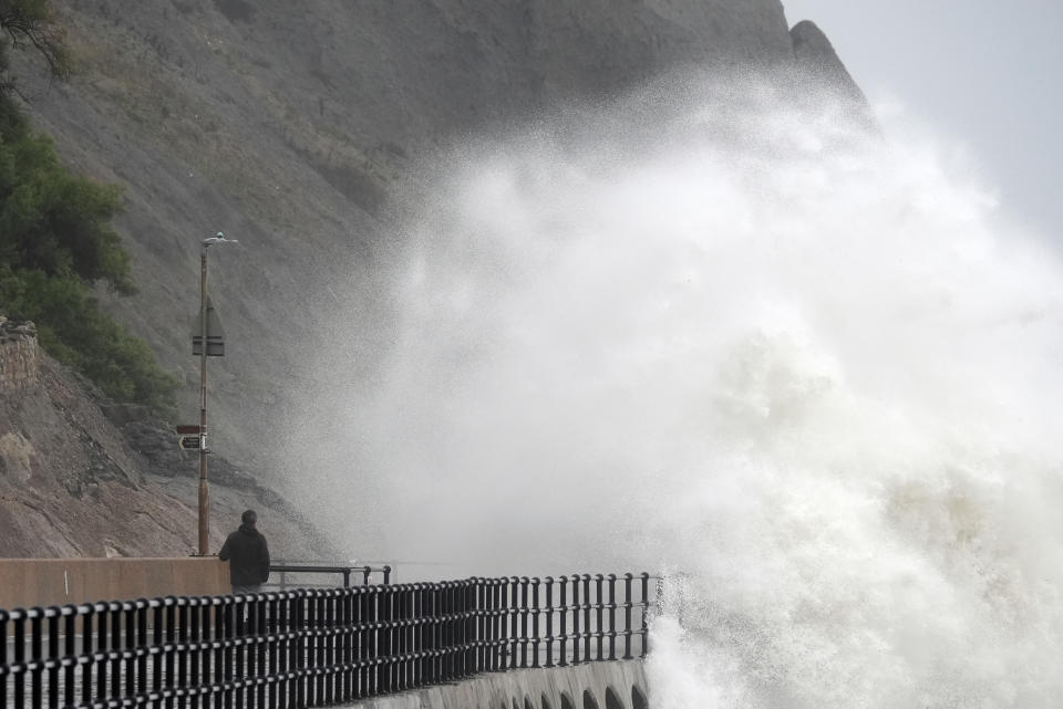 Waves crash onto the promenade in Folkestone, Kent. Heavy rain is set to continue as two new weather warnings come into force on Monday, potentially leading to further flooding and travel disruption. Picture date: Monday, September 30, 2024. (Photo: Gareth Fuller/PA Images via Getty Images)