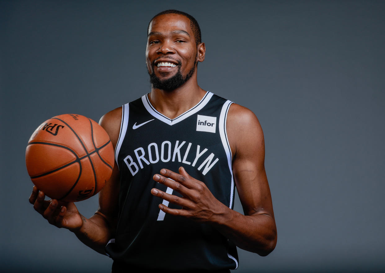 Sep 27, 2019; Brooklyn, NY, USA;  Brooklyn Nets forward Kevin Durant (7) poses for a portrait during media day at HSS Training Center. Mandatory Credit: Nicole Sweet-USA TODAY Sports