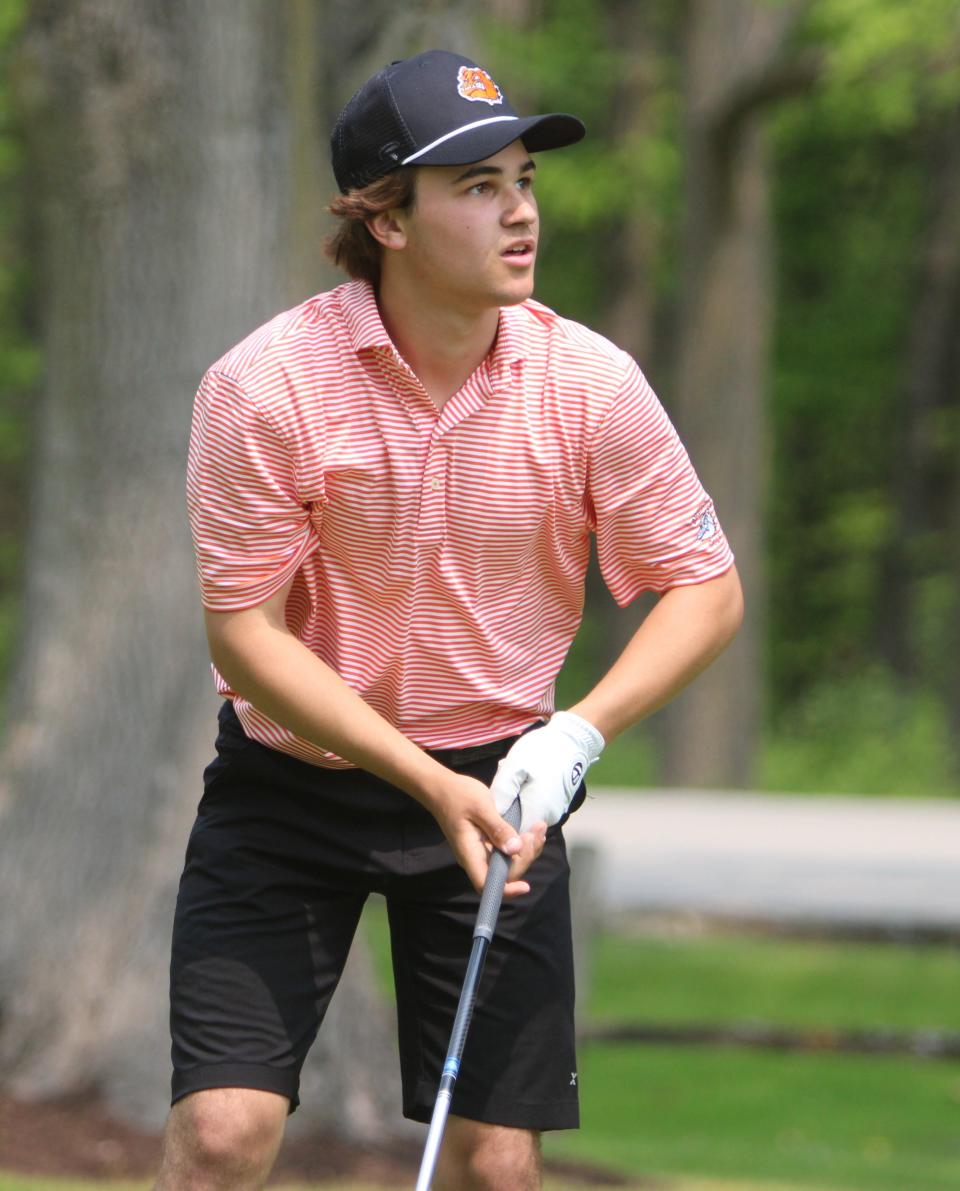 Brighton's Levi Pennala shot 73 to tie for fifth place in the KLAA golf tournament Tuesday, May 23, 2023 at Kensington Metropark Golf Course.