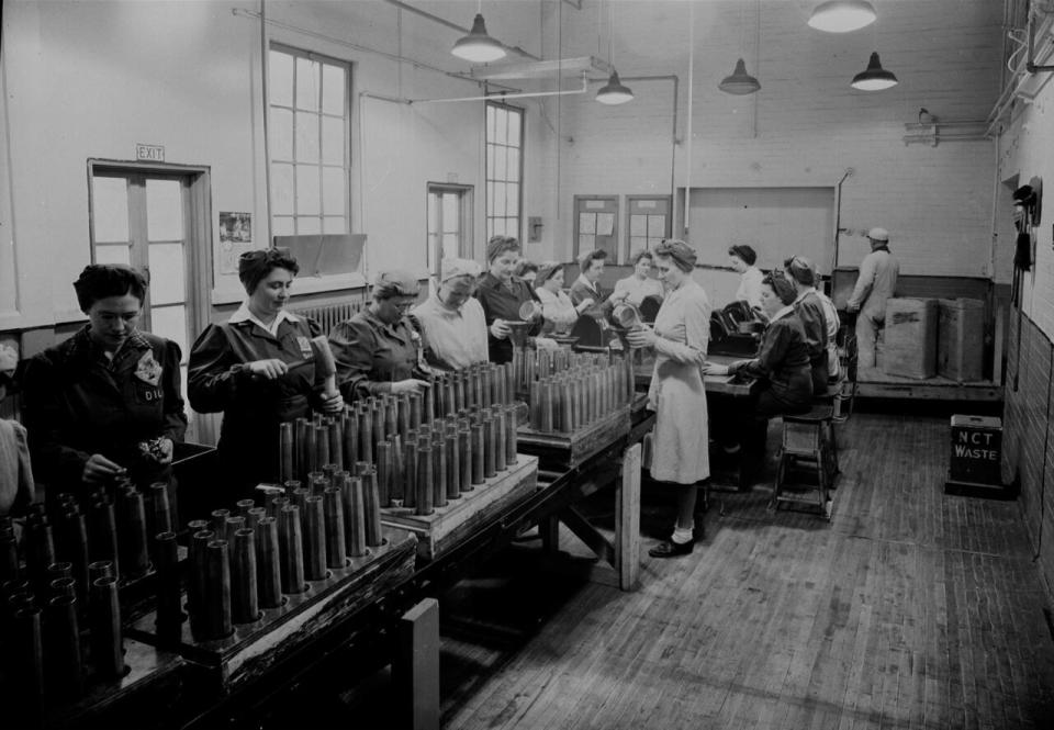 Canadian women manufacture munitions during the Second World War.