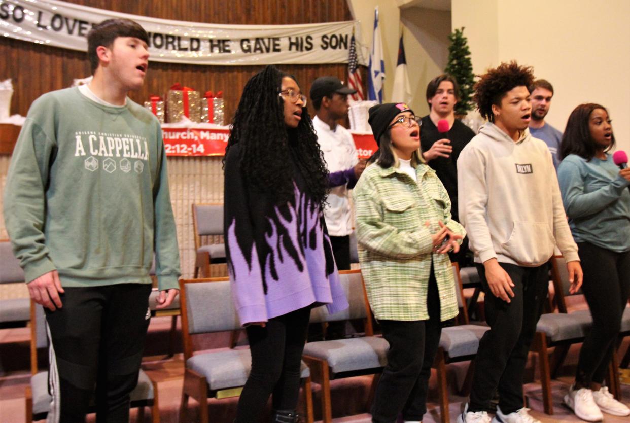 From left, Ryan Young, Frangelica Terry, Malcom Craft, Eva Carillo, Collin Jumes and Josiah Hartman sing at Monday's ACU Gospel Choir rehearsal at Macedonia Baptist Church. They are members of Abilene Christian University's Gospel Choir.