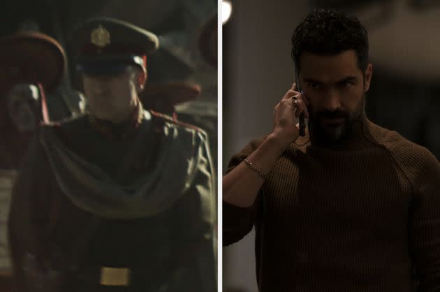 Alfonso Herrera in Rebel Moon Part One (left) and Ozark (right)