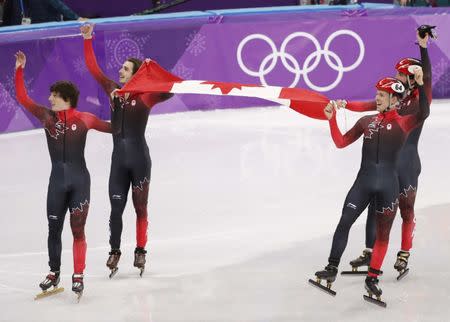 Short Track Speed Skating Events - Pyeongchang 2018 Winter Olympics - Men's 5000m Relay Final - Gangneung Ice Arena - Gangneung, South Korea - February 22, 2018 - Bronze medallist Canada's team celebrates. REUTERS/John Sibley