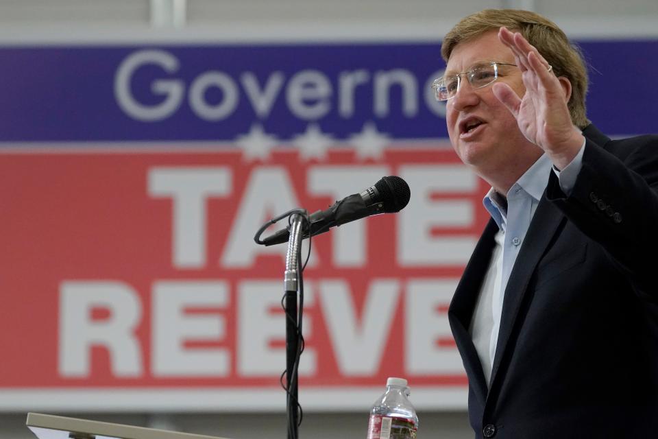 Mississippi Republican Gov. Tate Reeves addresses supporters at a rally at Stribling Equipment in Richland on Wednesday, May 3, 2023. Reeves is seeking reelection to a second term.