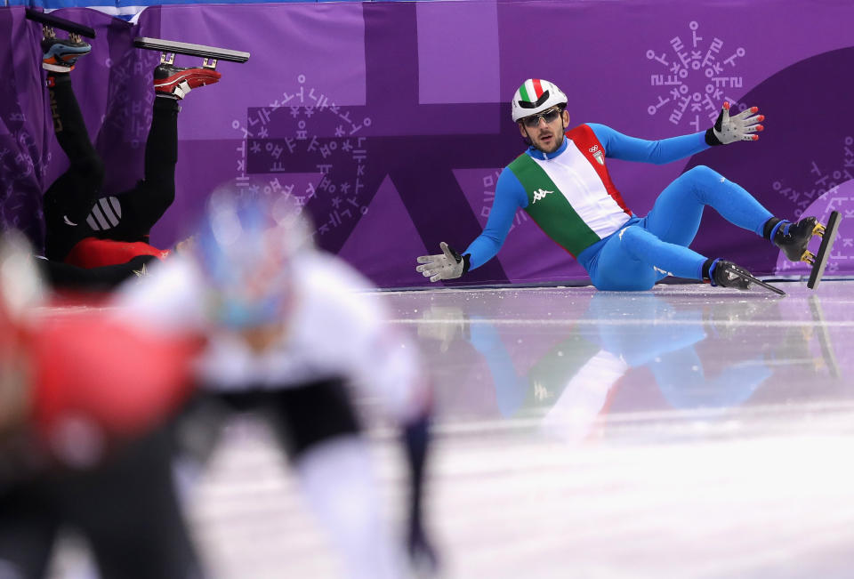 <p>Yuri Confortola of Italy crashes during the Men’s 1500m Short Track Speed Skating qualifying on day one of the PyeongChang 2018 Winter Olympic Games at Gangneung Ice Arena on February 10, 2018 in Gangneung, South Korea. (Photo by Richard Heathcote/Getty Images) </p>