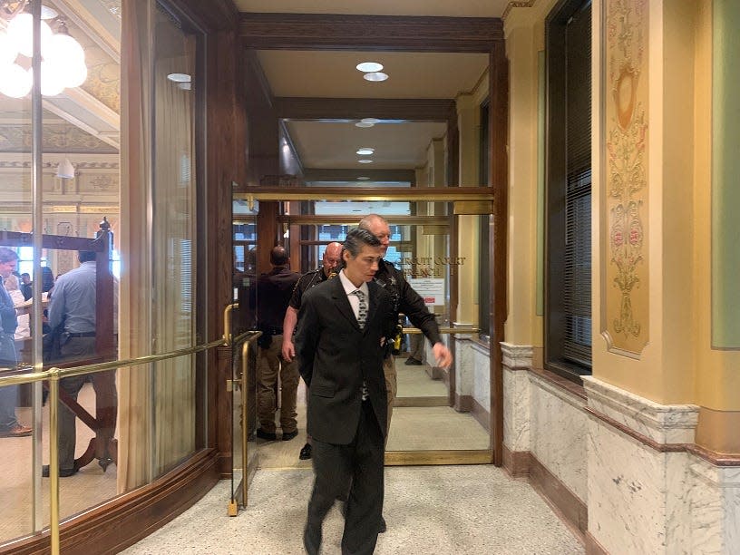 Former Baird Elementary School teacher David Villareal is led from Brown County Circuit Court. A jury found him guilty of four counts of sexual assault in April.