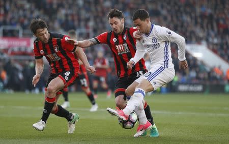 Britain Football Soccer - AFC Bournemouth v Chelsea - Premier League - Vitality Stadium - 8/4/17 Chelsea's Eden Hazard in action with Bournemouth's Adam Smith and Harry Arter Action Images via Reuters / John Sibley Livepic