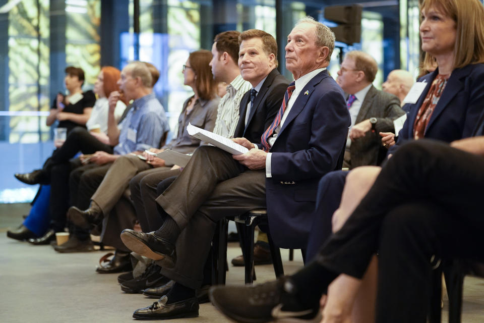 Former New York City Mayor Michael Bloomberg prepares to speak at the Perelman Performing Arts Center during a news conference to announce the center's inaugural season events calendar, Wednesday, June 14, 2023, in New York. (AP Photo/John Minchillo)