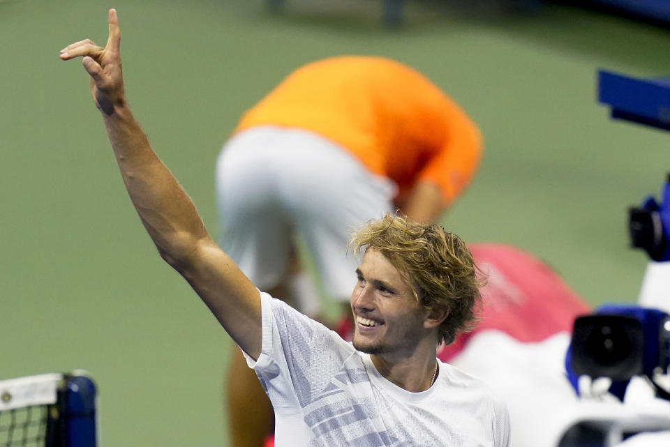 Alexander Zverev, of Germany, reacts after defeating Pablo Carreno Busta, of Spain, during a men's semifinal match of the US Open tennis championships, Friday, Sept. 11, 2020, in New York. (AP Photo/Frank Franklin II)