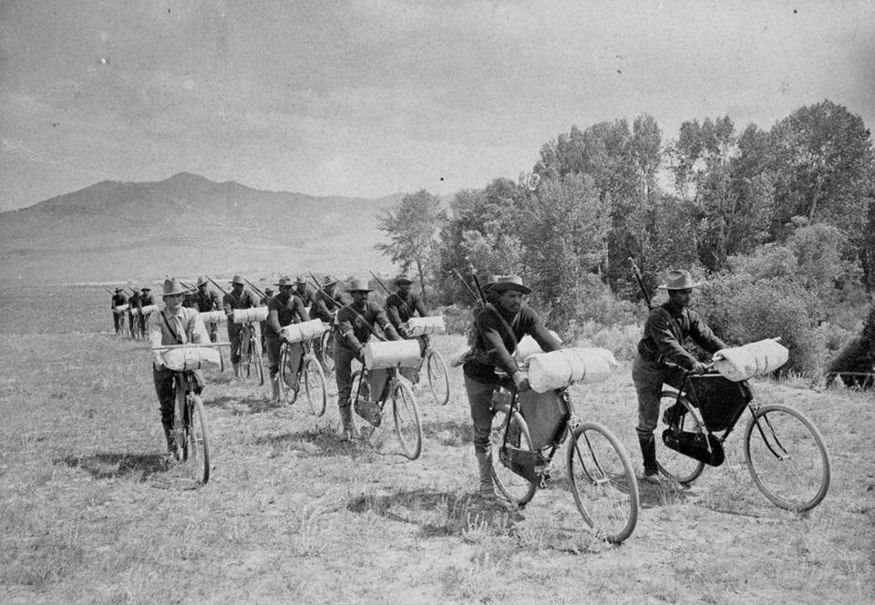 Field test: The 25th Infantry Bicycle Corps push east out of Montana, led by Lt. James A. Moss (left). <p>Archives & Special Collections, Mansfield Library, University of Montana</p>