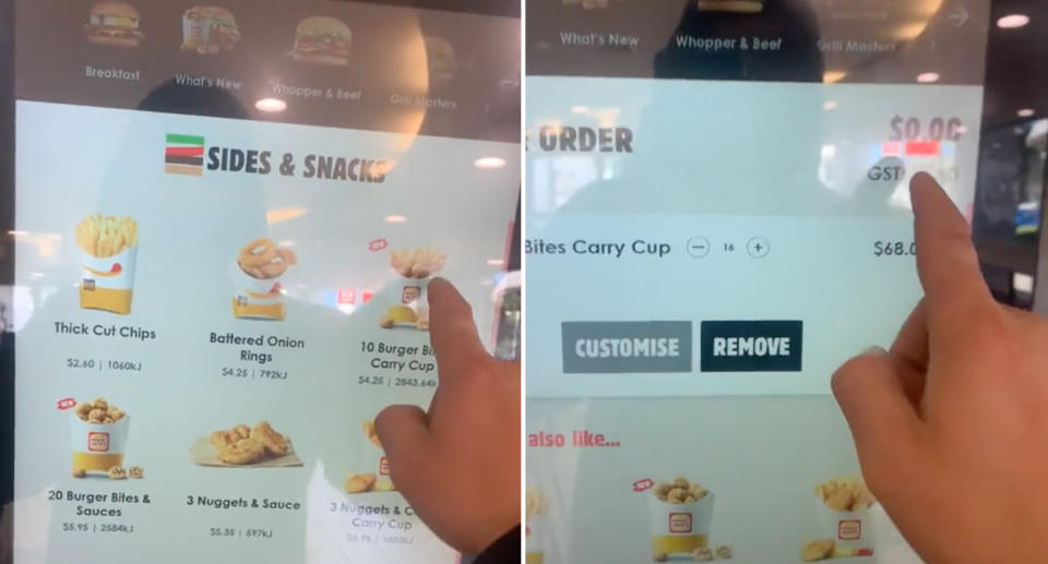 Left, Jai uses the self-serve kiosk at Hungry Jack's. Right, the order total reads $0 because of the 'hack'.