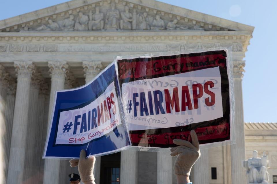Organizations and individuals gathered in 2019 outside the Supreme Court to argue that the manipulation of district lines is the manipulation of elections ahead of the court hearing gerrymandering cases. (Photo by Aurora Samperio/NurPhoto via Getty Images)