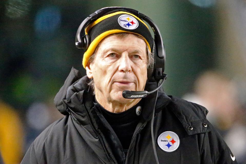 Steelers defensive coordinator Dick LeBeau stands on the sideline during a wild card playoff game against the Baltimore Ravens, Saturday, Jan. 3, 2015, in Pittsburgh.