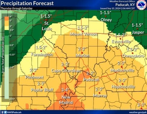 The National Weather Service's precipitation forecast for this weekend.