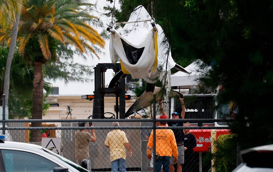 Lolita, the orca who lived in captivity for five decades, is lifted after she died at the Miami Seaquarium in Miami on Friday, Aug. 18, 2023. She is lifted in a sling that appears to resemble the equipment Seaquarium planned to use to relocate her to a sea pen in Washington.