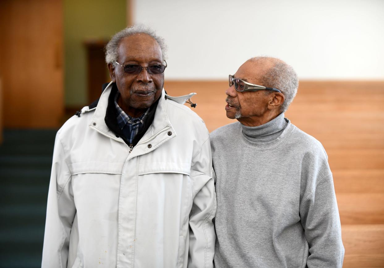 Jesse Byrd of Canton, left, and the Rev. Willie Wilder of Perry Township talk about how they broke management barriers at the Timken Co. in the 1960s. They were the first Black supervisors at the company.