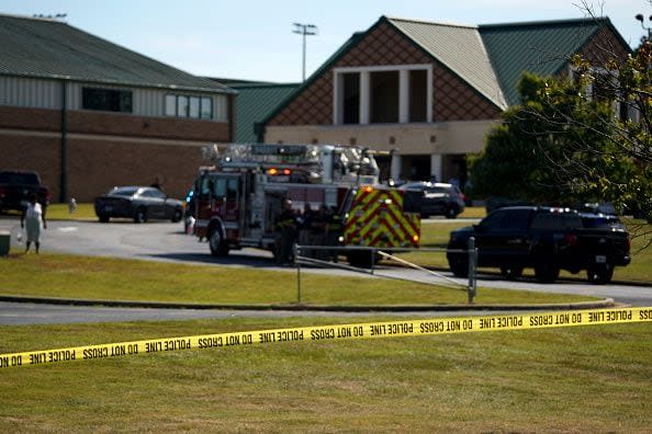 WINDER, GEORGIA - SEPTEMBER 4:  A police line is put up in front of Apalachee High School after a school shooting took place on September 4, 2024 in Winder, Georgia. Multiple fatalities and injuries have been reported and a suspect is in custody according to authorities.  (Photo by Megan Varner/Getty Images)