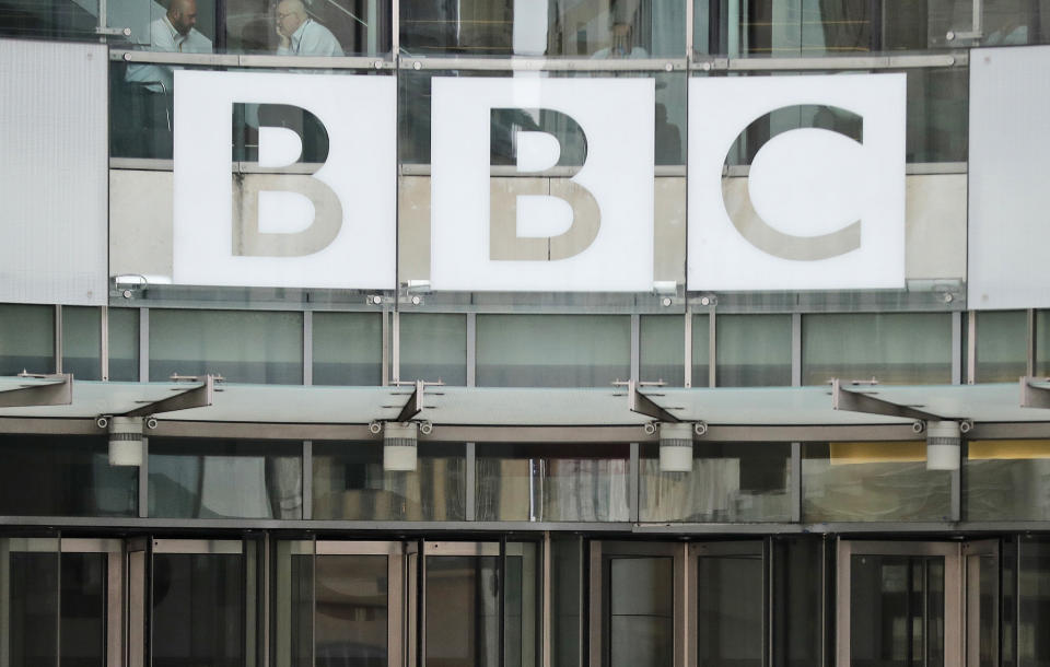 FILE - The BBC sign is seen outside the entrance of the headquarters of the publicly funded media organization, July 19, 2017, in London. U.S. and British cybersecurity officials warned Wednesday, June 7, 2023, that a Russian cyber-extortion gang's hack of a file-transfer program popular with corporations could have widespread global impact. Initial data-theft victims include the BBC, British Airways and Nova Scotia's government. (AP Photo/Frank Augstein, File)