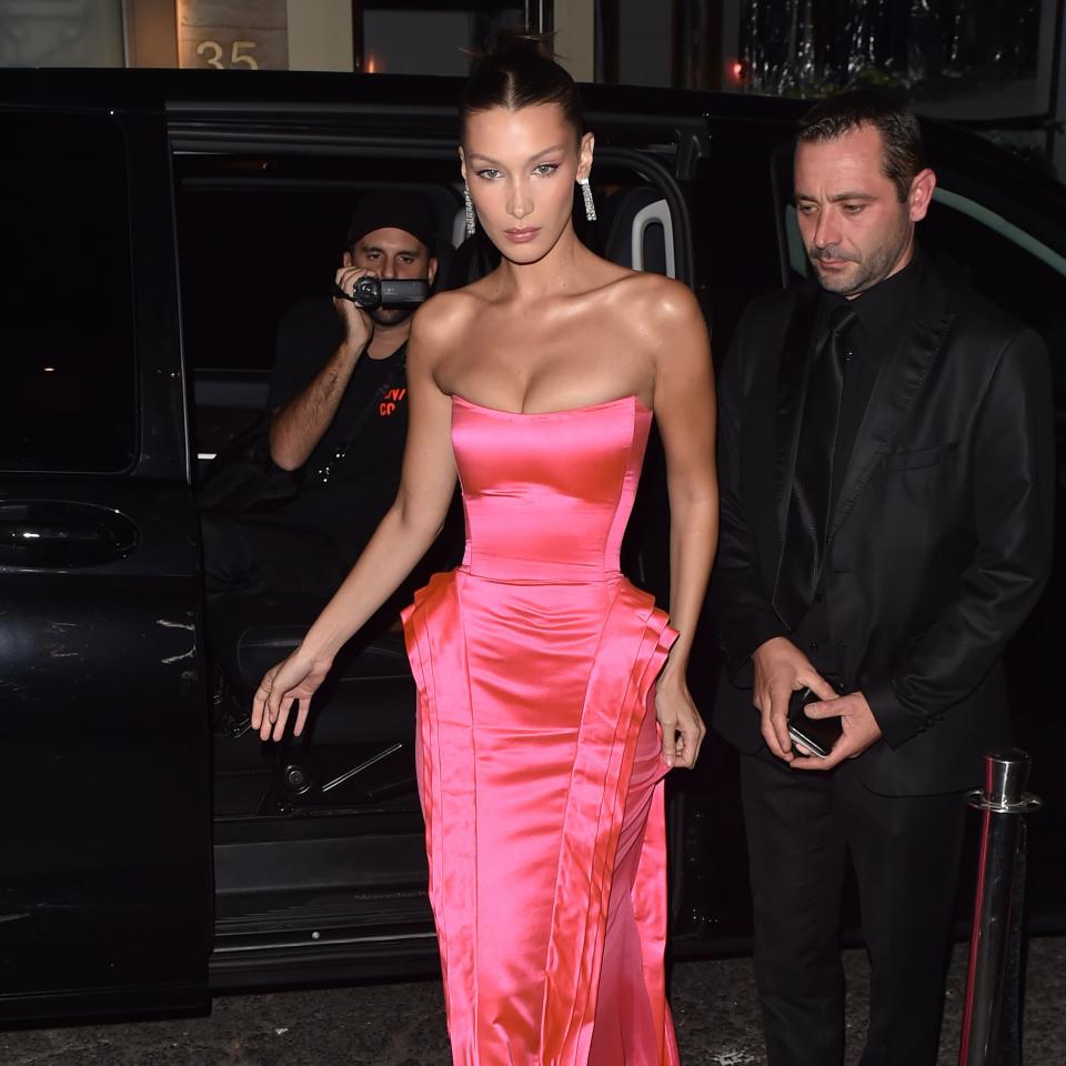 Bella Hadid channeled Marilyn Monroe in Gentlemen Prefer Blondes (and Madonna's "Material Girl" ode) at the Naked Heart Foundation gala.