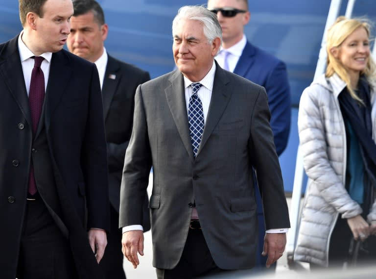 US Secretary of State Rex Tillerson (C) arrives at the Vnukovo II Government airport in Moscow, on April 11, 2017