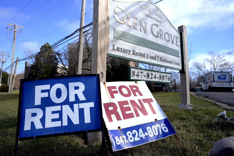 "For Rent" signs are displayed outside a development in Glenview, Ill., Monday, Jan. 29, 2024. On Thursday, Feb. 20, 2024, the Commerce Department issues its January report on consumer spending. (AP Photo/Nam Y. Huh)