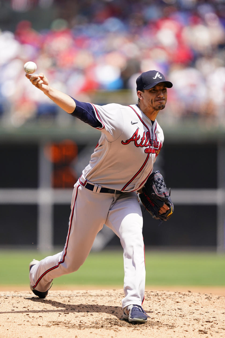 Atlanta Braves' Charlie Morton pitches during the second inning of a baseball game against the Philadelphia Phillies, Wednesday, July 27, 2022, in Philadelphia. (AP Photo/Matt Slocum)