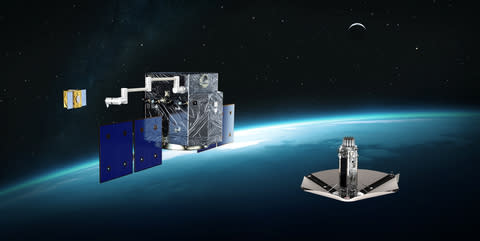 The company unveiled its Sierra Space Axelerator™ product line on Tuesday, showcasing its new rendezvous and proximity operations (RPO) technology with Specter (left) and deployable deceleration technology with Ghost (right).  (Image: Sierra Space)