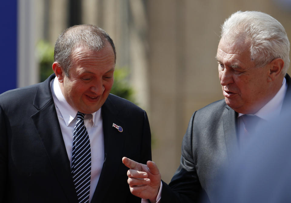 President of Georgia Giorgi Margvelashvili, left, listens to Czech Republic's President Milos Zeman, right, upon his arrival for a meeting on the 5th anniversary of the Eastern Partnership at the Prague Castle in Prague, Czech Republic, Thursday, April 24, 2014. (AP Photo/Petr David Josek)