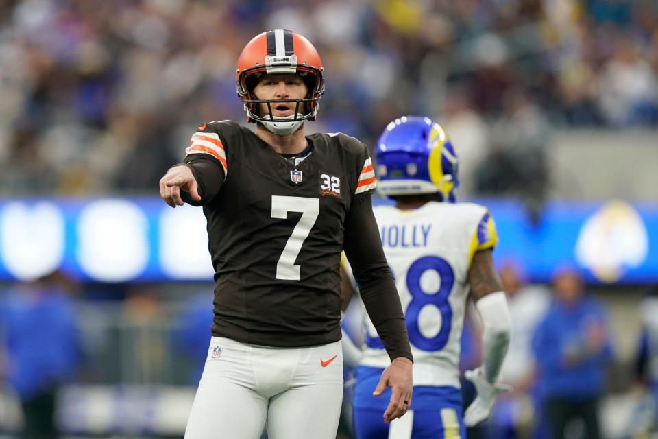 Browns kicker Dustin Hopkins gestures after kicking a second-half field goal against the Rams on Dec. 3, 2023, in Inglewood, Calif.