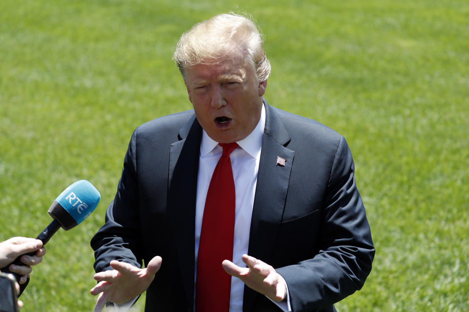 President Donald Trump speaks to members of the media on the South Lawn of the White House in Washington, Friday, May 24, 2019, before boarding Marine One for a short trip to Andrews Air Force Base, Md., and then on to Tokyo(AP Photo/Pablo Martinez Monsivais)