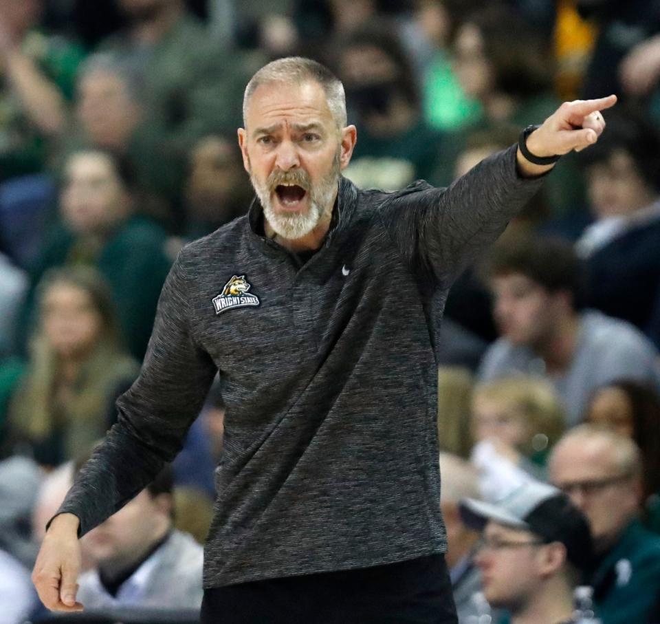 Wright State Raiders head coach Scott Nagy yells down court during the men’s Horizon League tournament final against the Northern Kentucky Norse, Tuesday, March 8, 2022, at the Indiana Farmers Coliseum in Indianapolis.