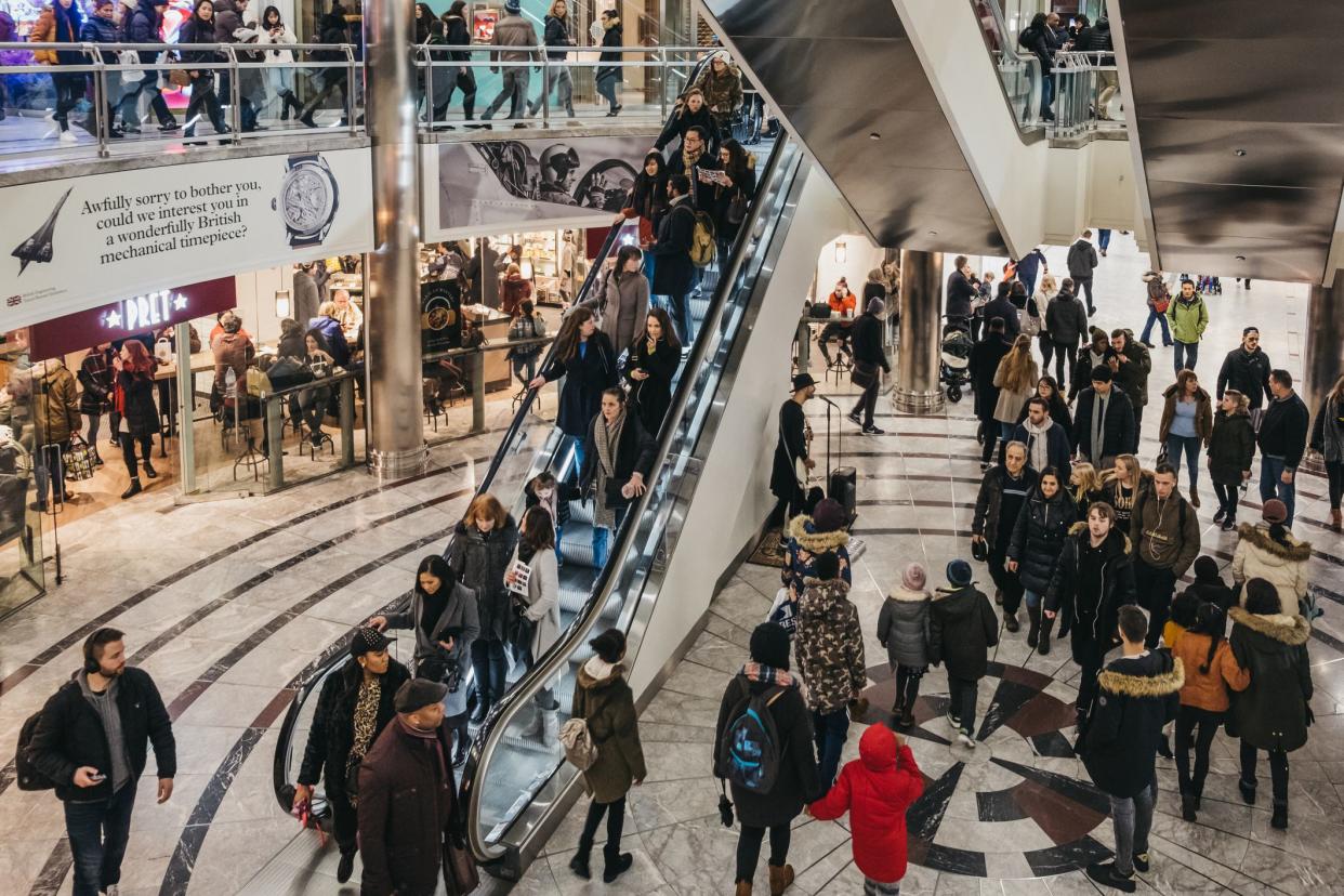 London, UK - January 26, 2019: People inside One Canada Square Mall in Canary Wharf, a busy financial area of London that often host events.