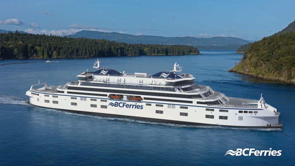 B.C. Ferries says it plans to have seven new hybrid vessels built similar to the one shown in this rendering.   (B.C. Ferries - image credit)