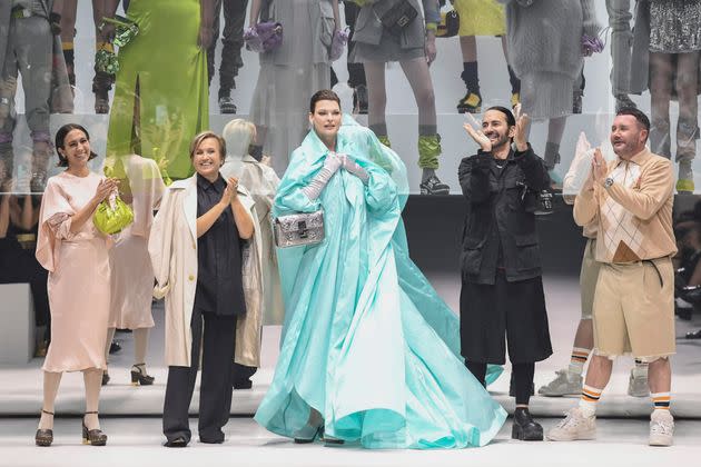 Silvia Fendi (second from left), Linda Evangelista (center), Marc Jacobs and Kim Jones walk the runway during the Fendi Ready to Wear Spring/Summer 2023 fashion show. (Photo: Victor VIRGILE via Getty Images)