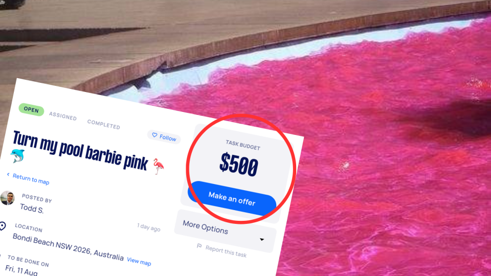 A composite image of a pool dyed pink and the Airtasker job posting offering money for someone to dye a pool pink.