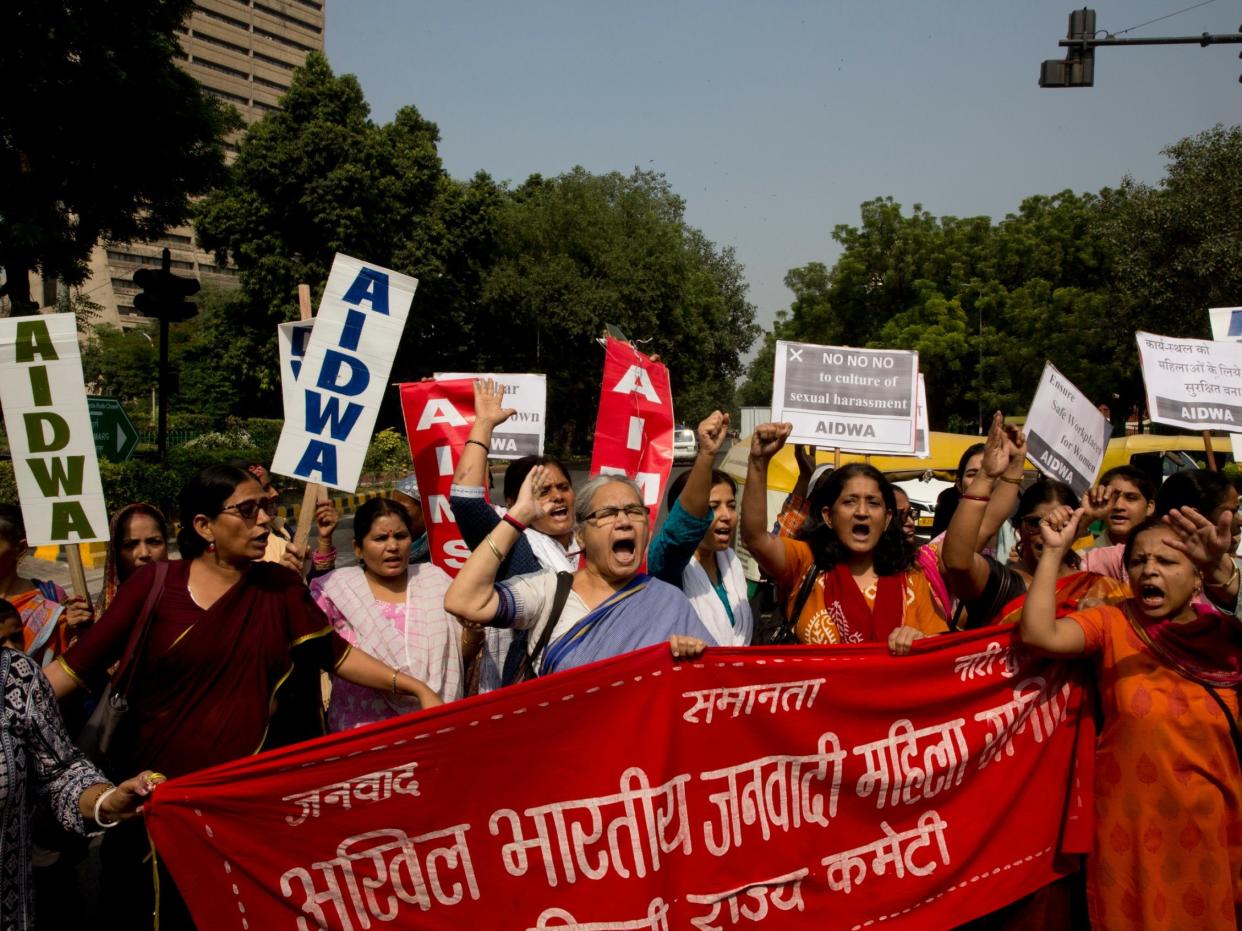 Indian women shout slogans during a protest against sexual harassment in the workplace in New Delhi: AP