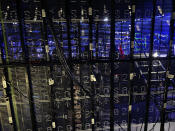 Wires run between sections of light on one of the individual screens behind the stage of the Sphere on Tuesday, April 16, 2024, in Las Vegas. (AP Photo/Josh Cornfield)