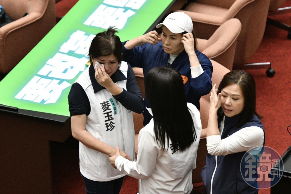 麥玉珍被林淑芬推了3次後，又被她右鉤拳毆打左臉，事後麥激動哭訴，引來藍委上前關心。