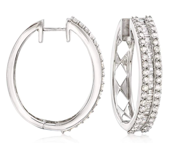 Ross-Simons 3.00 ct. t.w. Baguette and Round Diamond Hoop Earrings in Sterling Silver