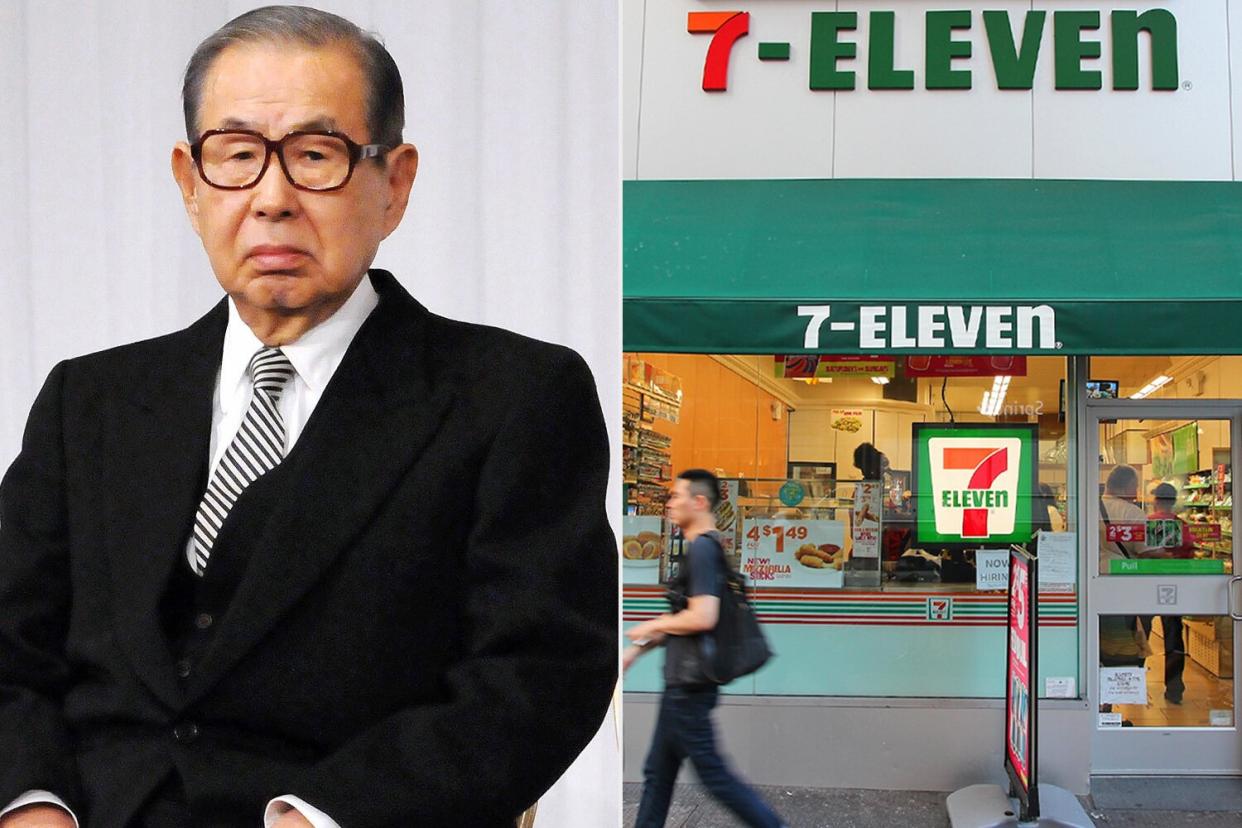 This March 13, 2008 picture shows Japanese retail giant Seven and I Holdings, operating Seven Eleven convenience stores and Ito Yokado super maket chain, founder and honorary chairman Masatoshi Ito (R) and chairman Toshifumi Suzuki at the company's entrace ceremony in Tokyo. Ito marked his 84th birthday on April 30 with news he plans to give 57-million-dollars' worth of group shares to employees to thank them.
