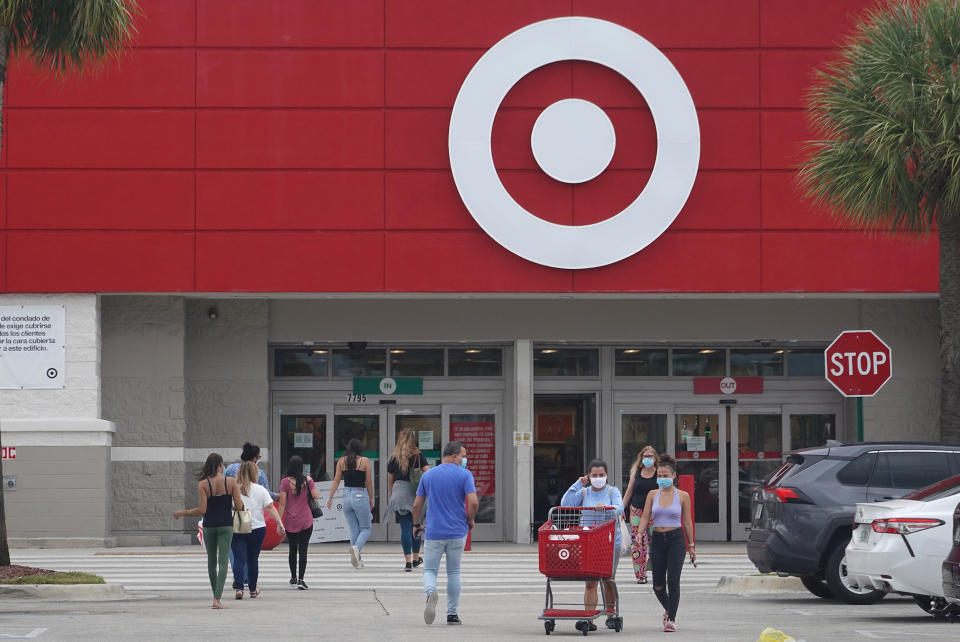 A Target store is seen on August 19, 2020, in Miami, Florida. The company announced record-setting sales growth online and at established stores over the past three months causing Target shares to go up by more than 12%. (Photo by Joe Raedle/Getty Images)