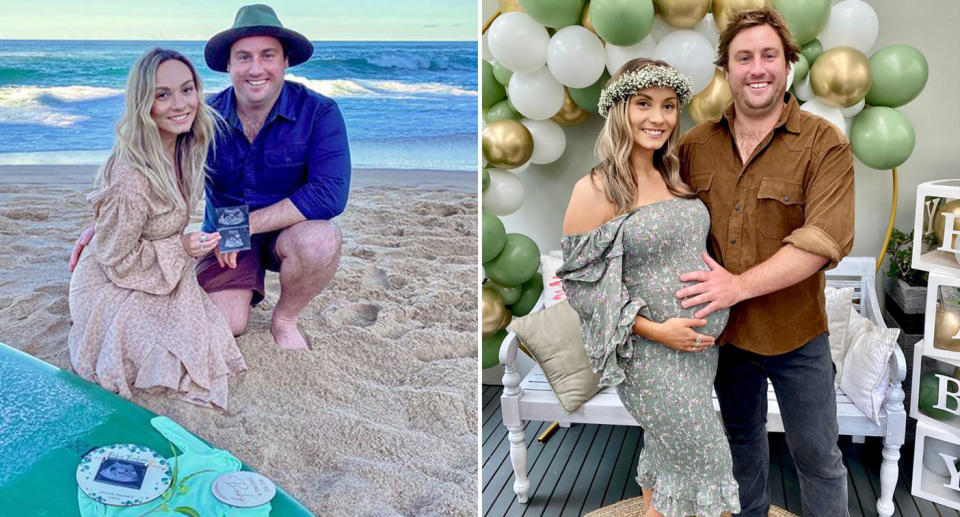 (left) A photo of Rebecca Davis and her partner at the beach announcing their pregnancy (right) A photo from their baby shower. Source: Supplied 