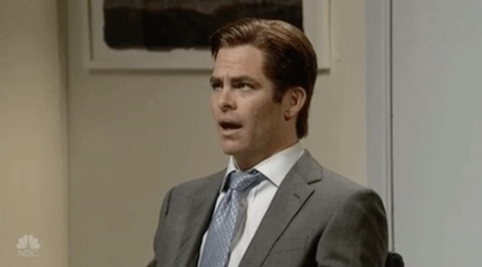 Chris Pine looking confused in an "SNL" sketch