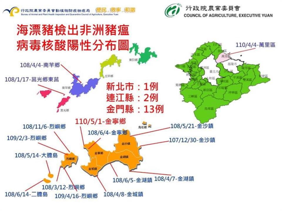 近2年金門已有13例海漂豬檢出非洲豬瘟。   圖：擷取自農委會防檢局網站